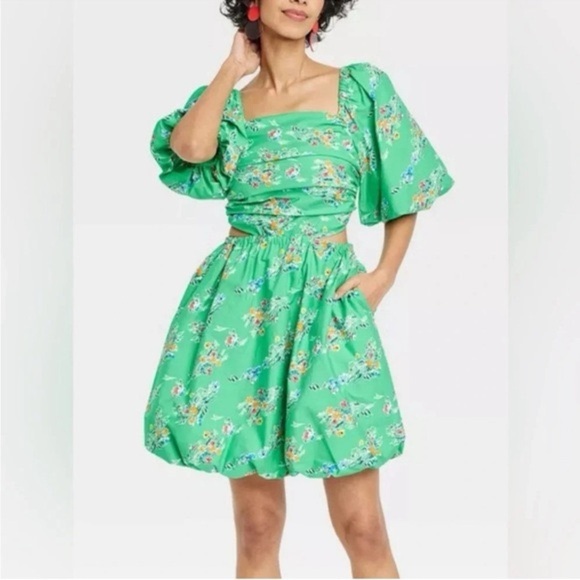 NWT A New Day Puff Sleeve Green Floral Spring Cut Out Dress Size 2X - Picture 1 of 7